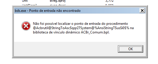 Erro: Não foi possível localizar o ponto de entrada do procedimento