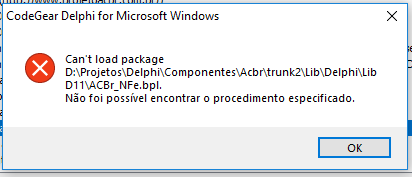 Erro: Não foi possível localizar o ponto de entrada do procedimento